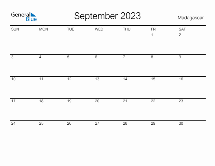 Printable September 2023 Calendar for Madagascar