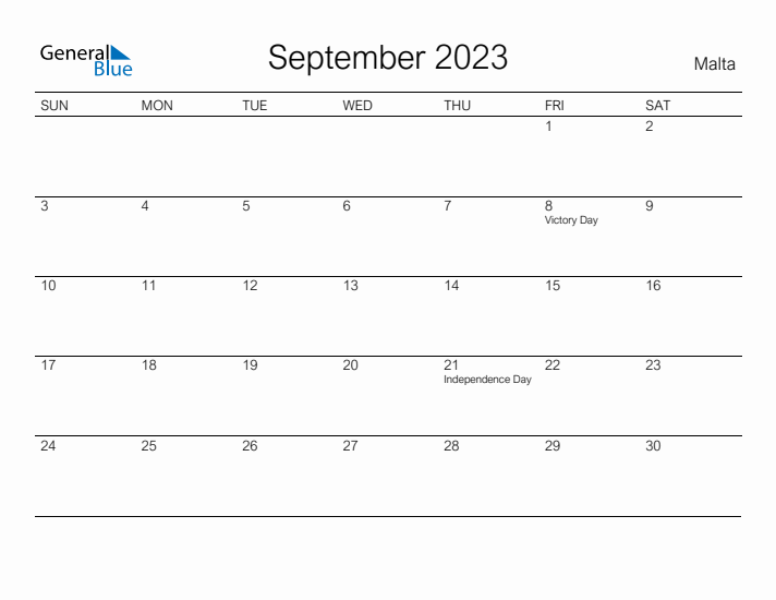 Printable September 2023 Calendar for Malta