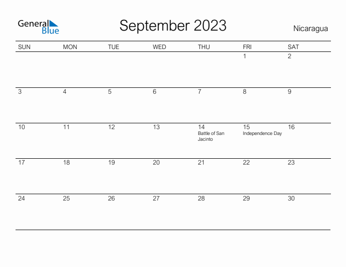 Printable September 2023 Calendar for Nicaragua
