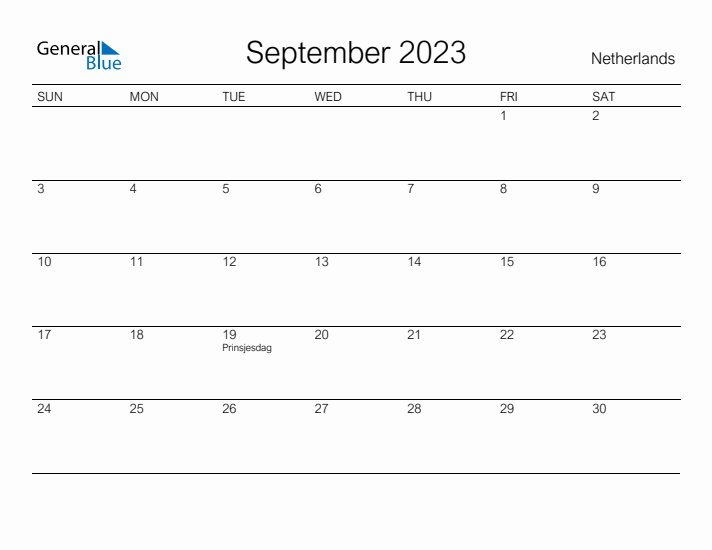 Printable September 2023 Calendar for The Netherlands