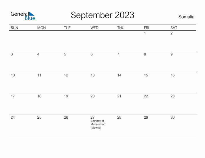 Printable September 2023 Calendar for Somalia