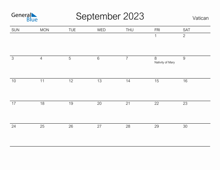 Printable September 2023 Calendar for Vatican