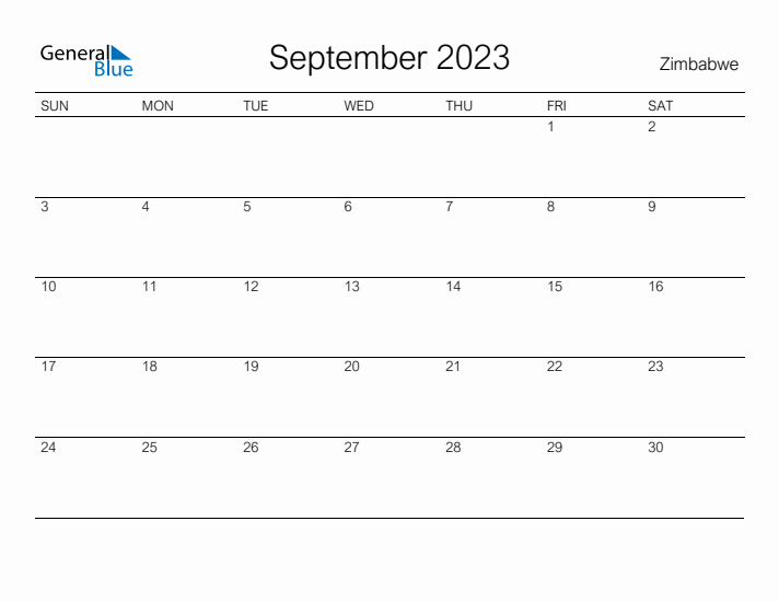 Printable September 2023 Calendar for Zimbabwe