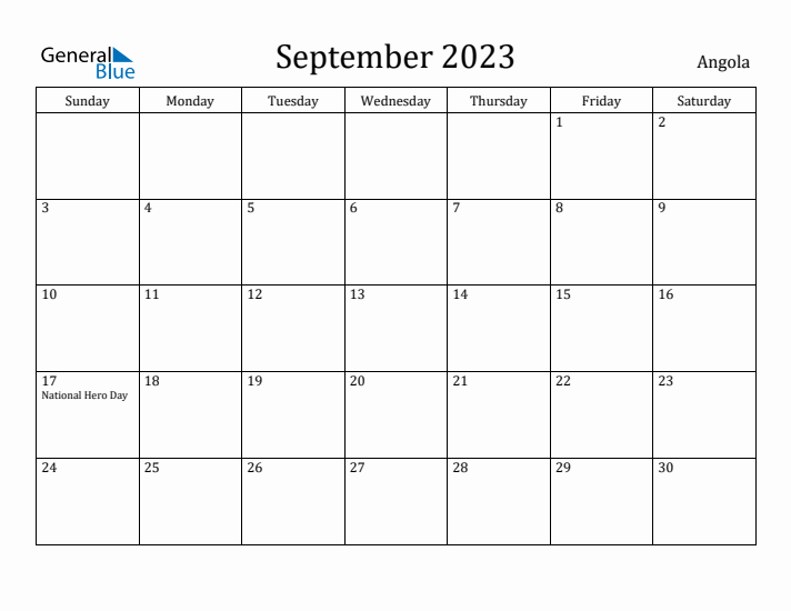 September 2023 Calendar Angola