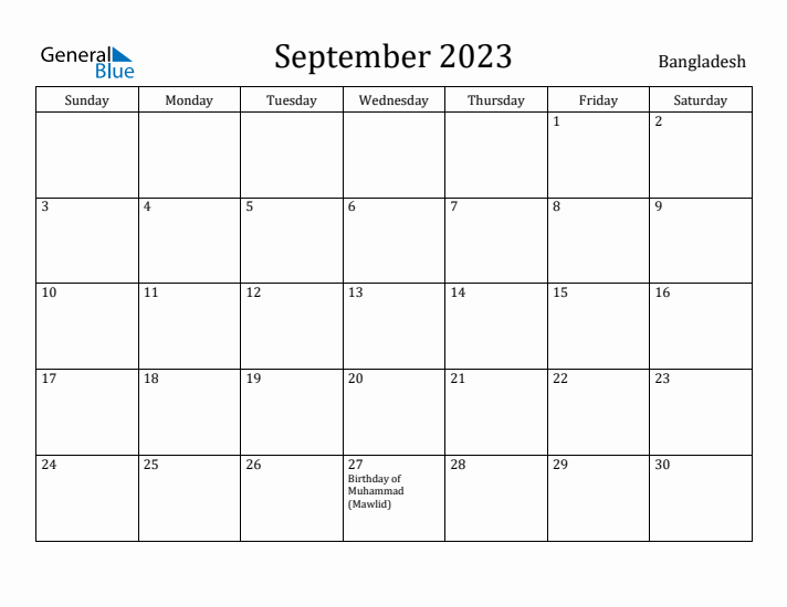 September 2023 Calendar Bangladesh