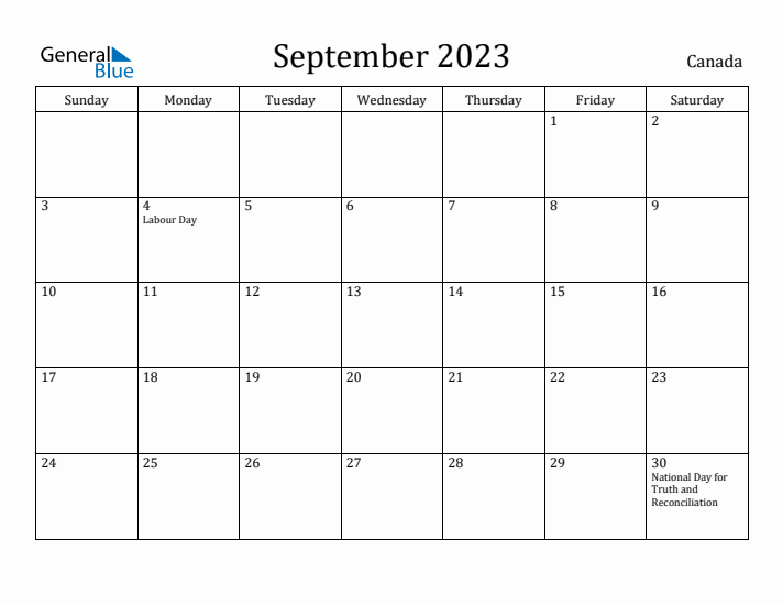 September 2023 Monthly Calendar with Canada Holidays