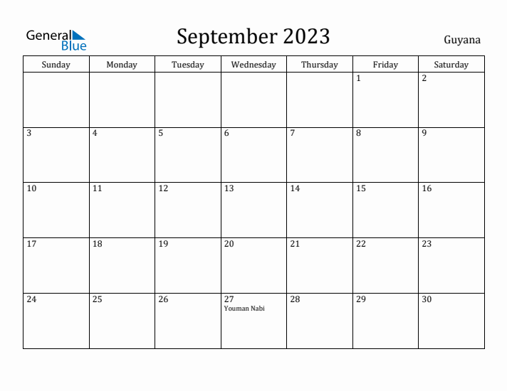 September 2023 Calendar Guyana