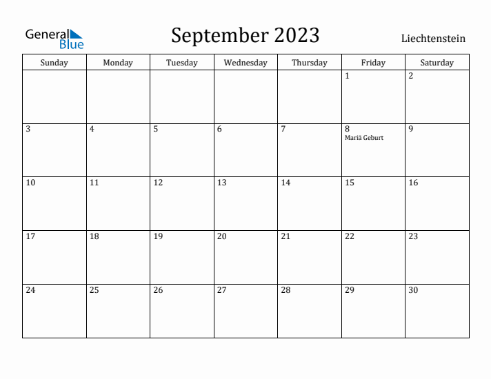 September 2023 Calendar Liechtenstein
