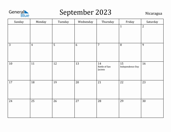 September 2023 Calendar Nicaragua