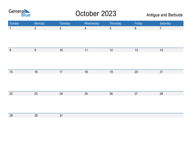 October 2023 Calendar with Antigua and Barbuda Holidays