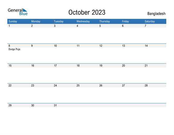 October 2023 Calendar with Bangladesh Holidays