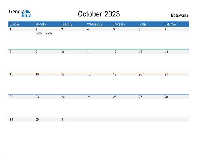 October 2023 Calendar with Botswana Holidays