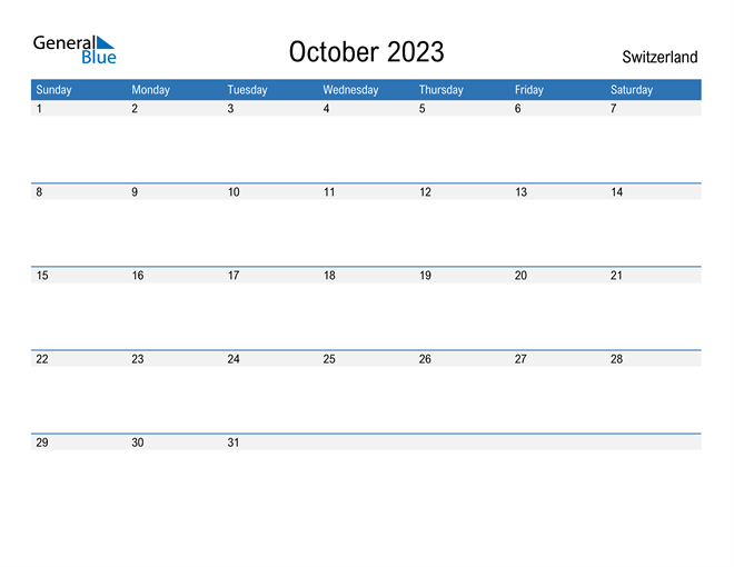 October 2023 Calendar with Switzerland Holidays