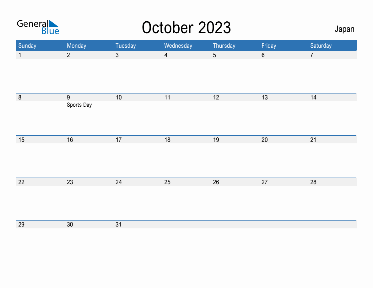 October 2023 Monthly Calendar With Japan Holidays