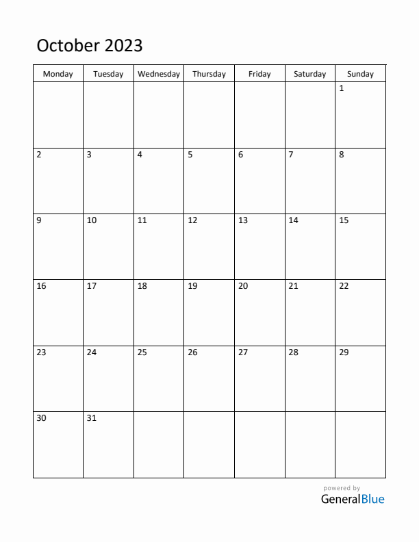 Monday Start Calendar for October 2023