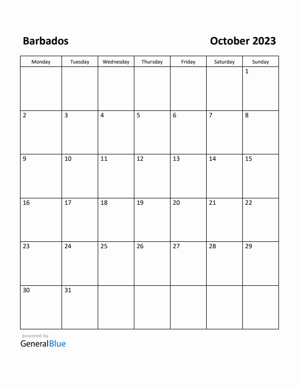 October 2023 Calendar with Barbados Holidays