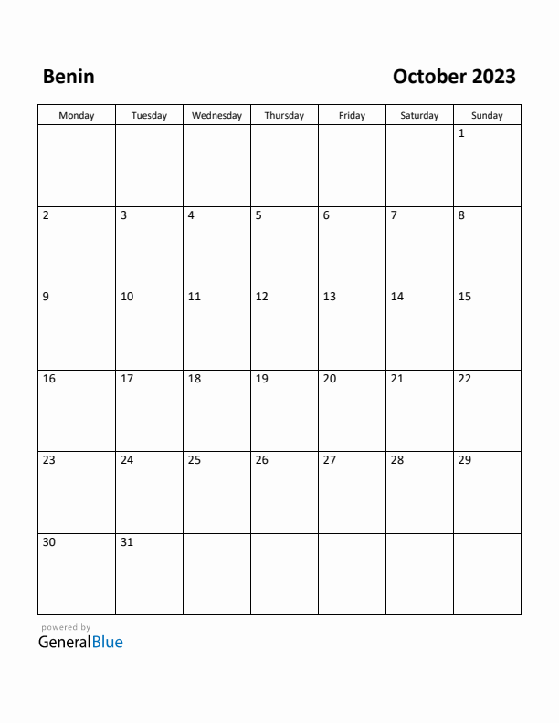 October 2023 Calendar with Benin Holidays