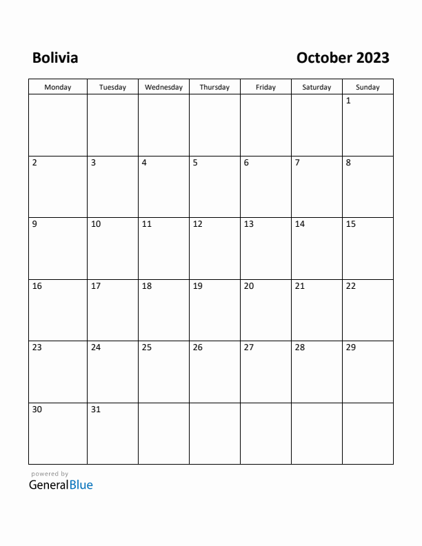 October 2023 Calendar with Bolivia Holidays