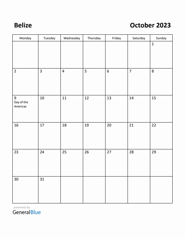 October 2023 Calendar with Belize Holidays