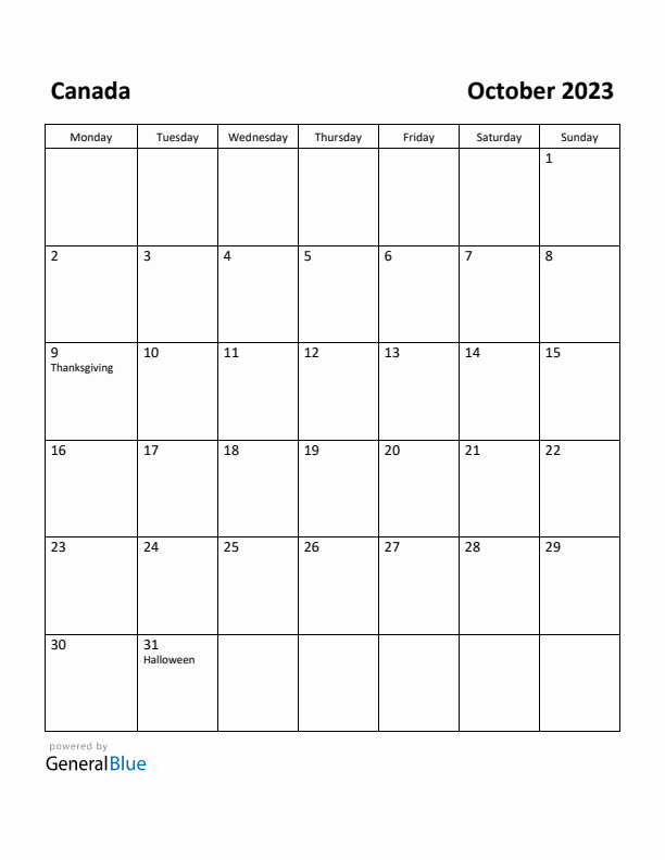October 2023 Calendar with Canada Holidays