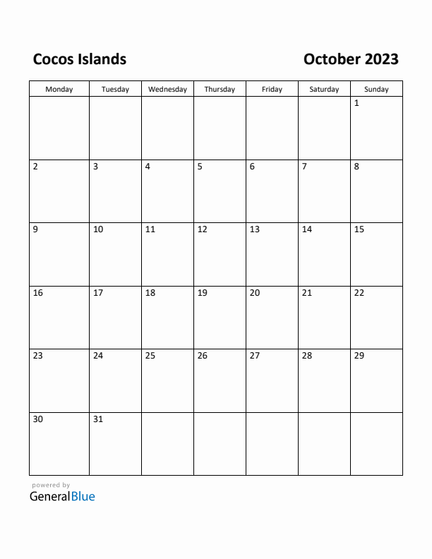October 2023 Calendar with Cocos Islands Holidays
