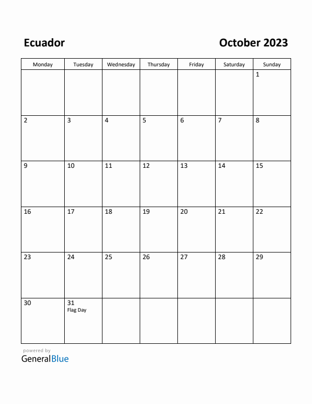 October 2023 Calendar with Ecuador Holidays