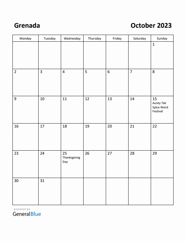 October 2023 Calendar with Grenada Holidays