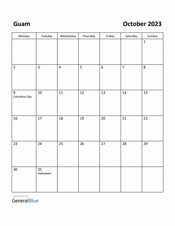October 2023 Calendar with Guam Holidays