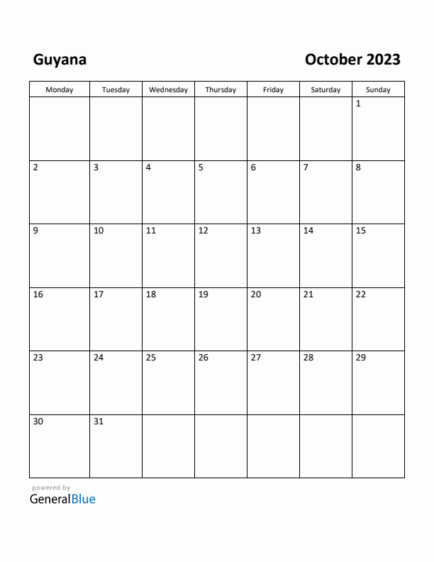 October 2023 Calendar with Guyana Holidays