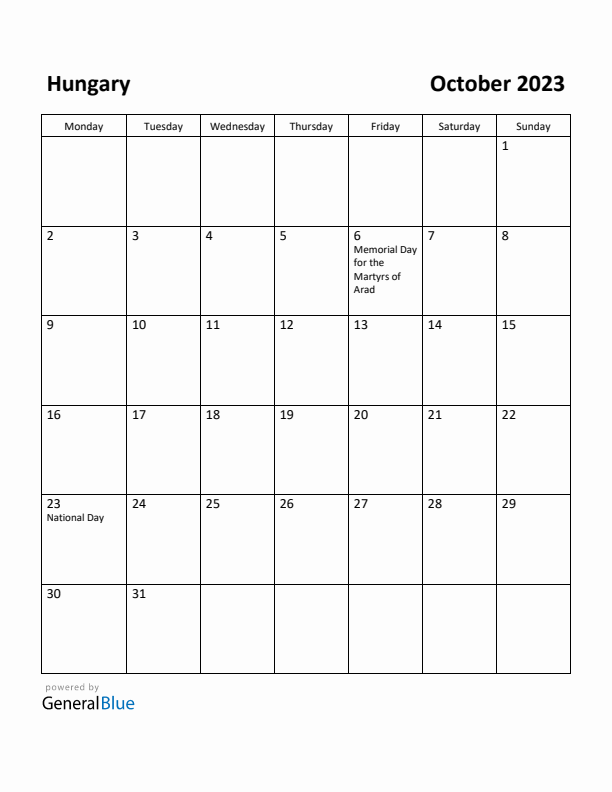October 2023 Calendar with Hungary Holidays
