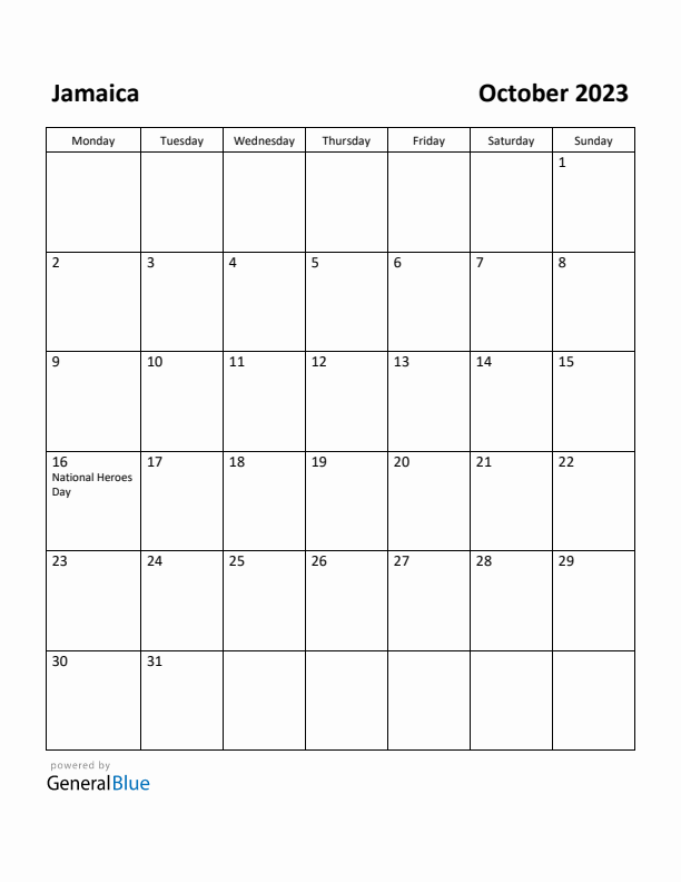 October 2023 Calendar with Jamaica Holidays