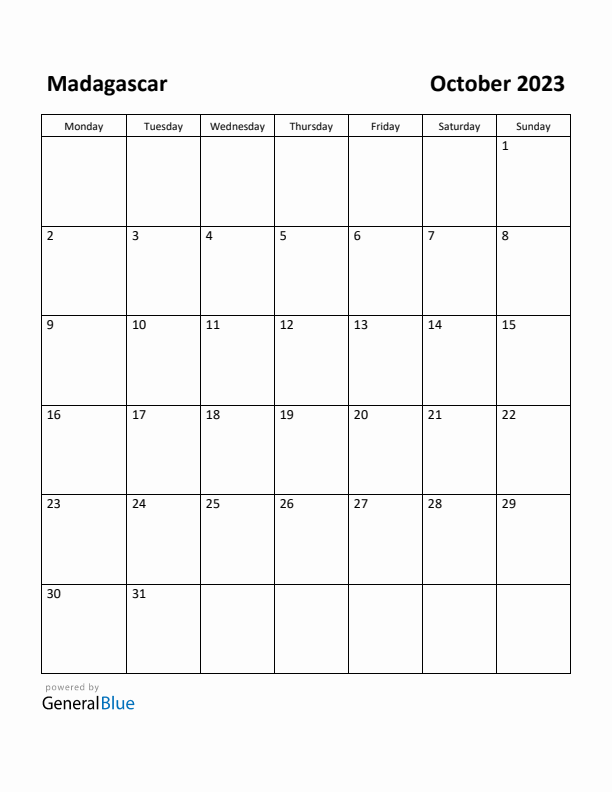 October 2023 Calendar with Madagascar Holidays