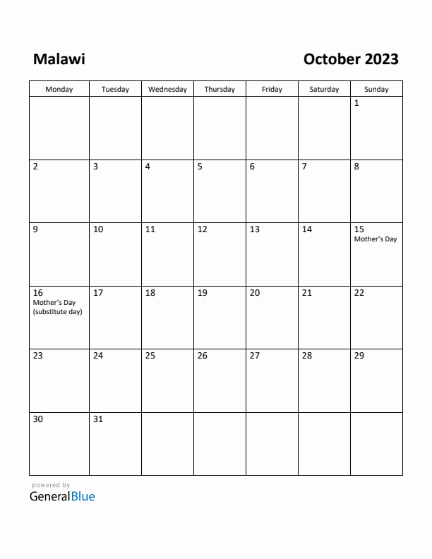 October 2023 Calendar with Malawi Holidays