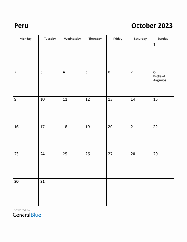 October 2023 Calendar with Peru Holidays