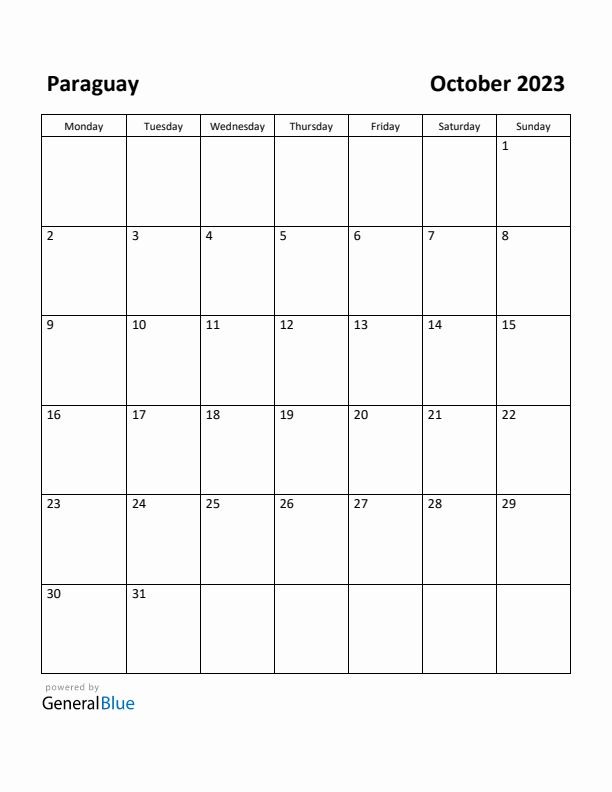 October 2023 Calendar with Paraguay Holidays