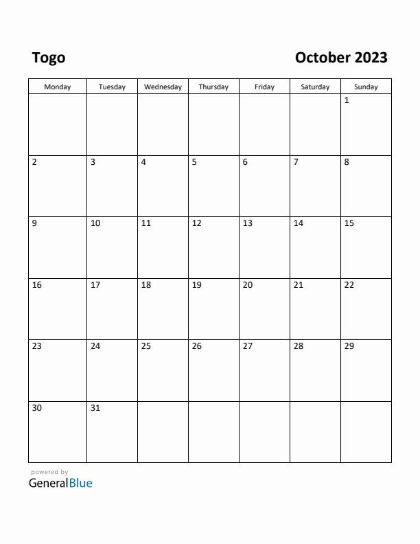 October 2023 Calendar with Togo Holidays