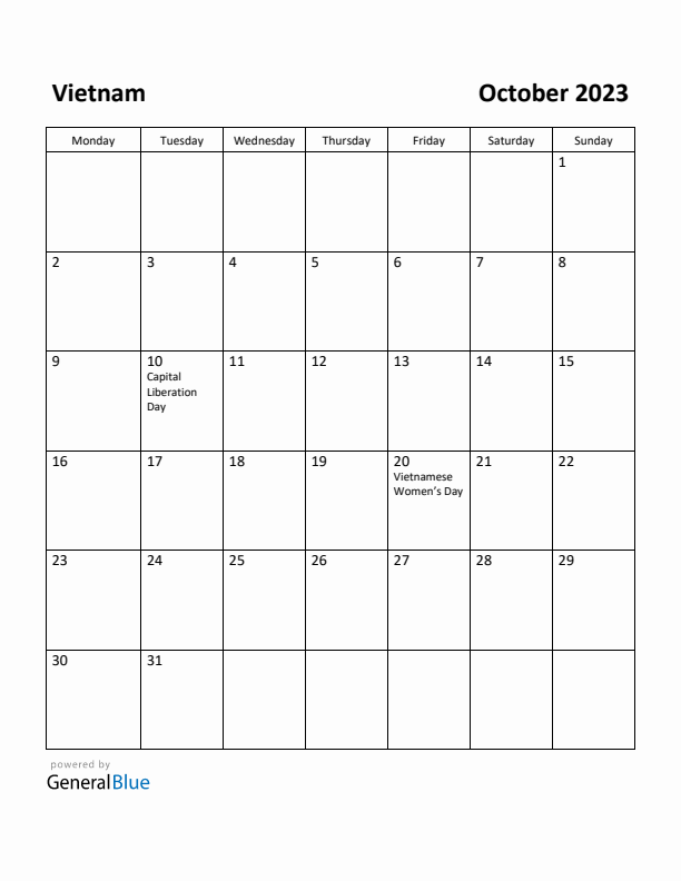 October 2023 Calendar with Vietnam Holidays