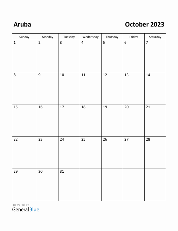 October 2023 Calendar with Aruba Holidays