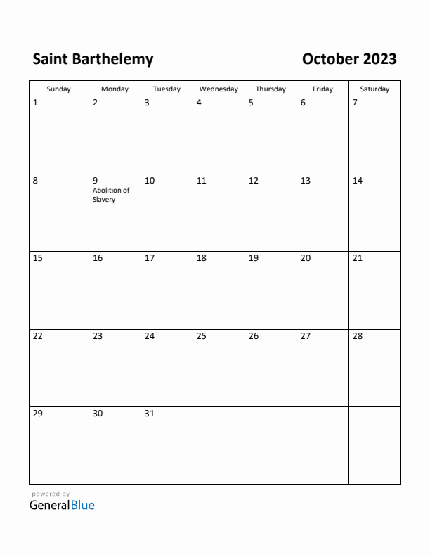 October 2023 Calendar with Saint Barthelemy Holidays