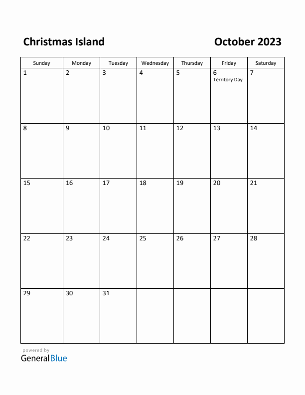 October 2023 Calendar with Christmas Island Holidays
