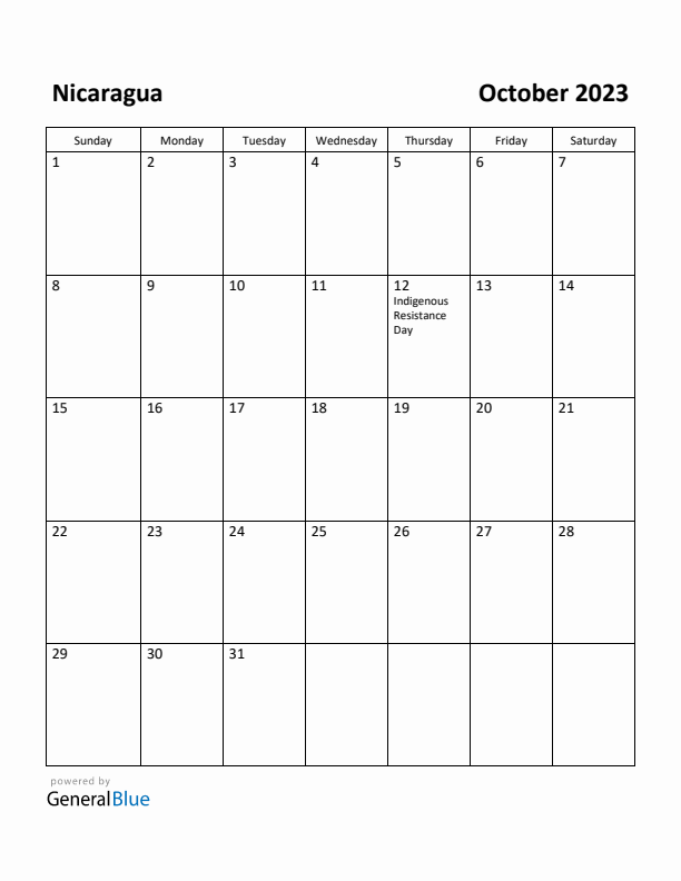 October 2023 Calendar with Nicaragua Holidays