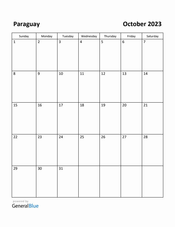 October 2023 Calendar with Paraguay Holidays