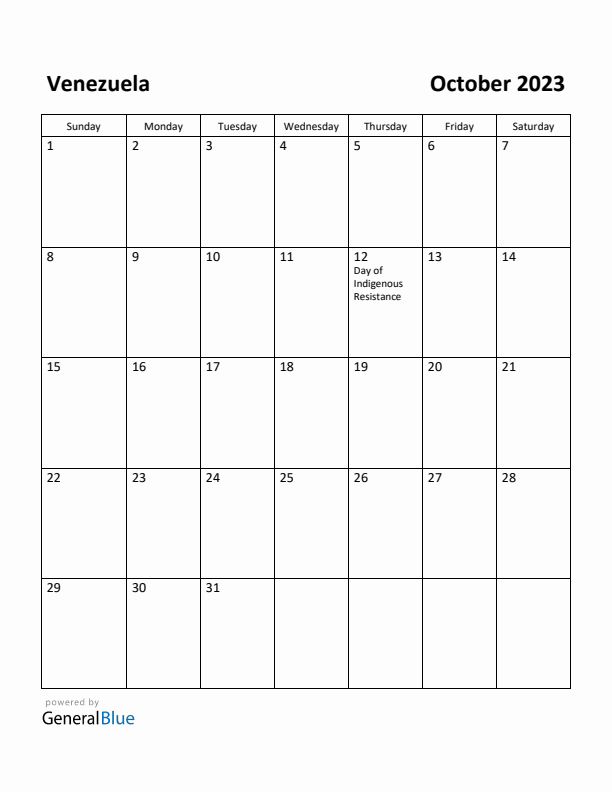 October 2023 Calendar with Venezuela Holidays