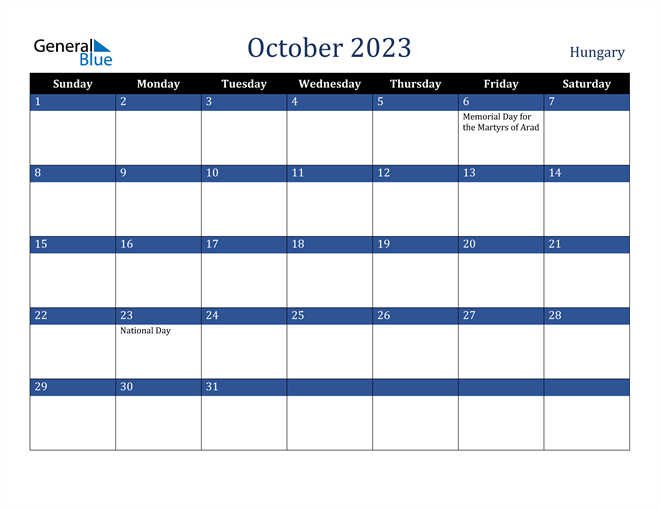 October 2023 Hungary Calendar