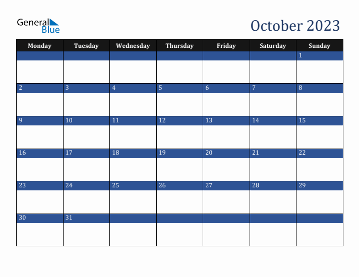 Monday Start Calendar for October 2023