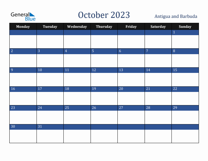 October 2023 Antigua and Barbuda Calendar (Monday Start)