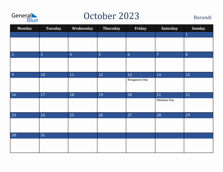 October 2023 Burundi Calendar (Monday Start)