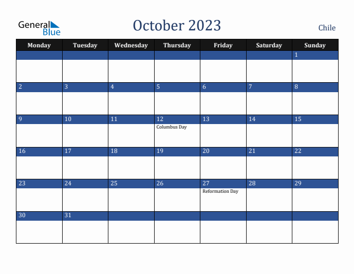 October 2023 Chile Calendar (Monday Start)