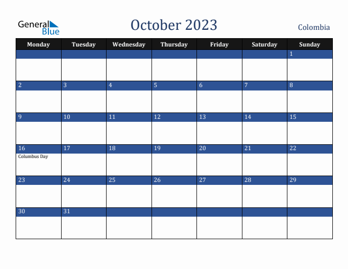 October 2023 Colombia Calendar (Monday Start)