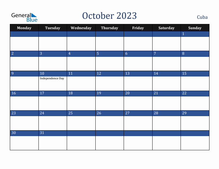 October 2023 Cuba Calendar (Monday Start)